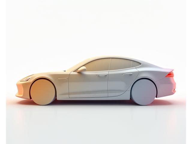 一輛極簡設計的抽象3D汽車模型,車身不斷切換展示不同的特殊塗層效果,如熱致變色、珠光、磨砂和鏡面光澤,光線動態變化