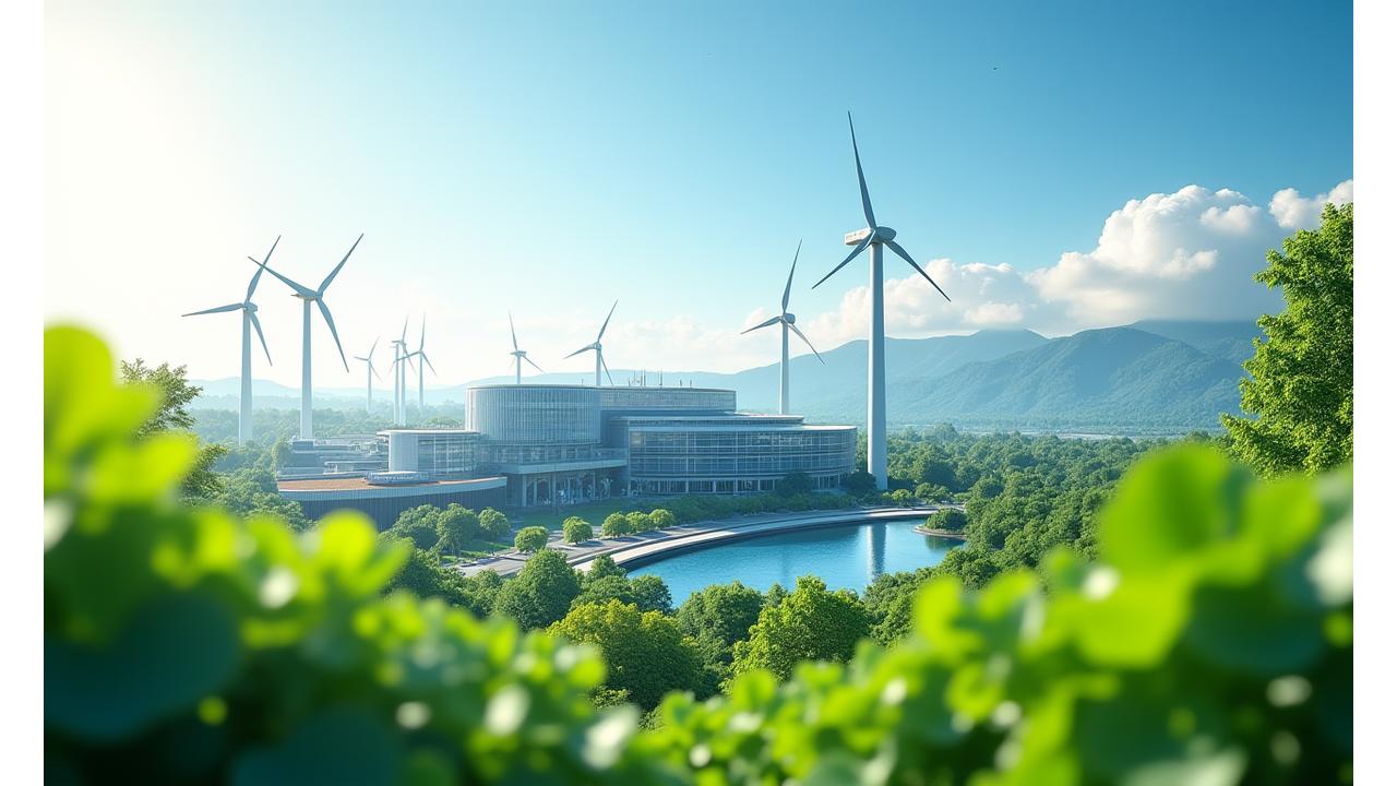 展示綠色能量與永續發展的化學工業廠房,背景有清晰天空與再生能源設施。